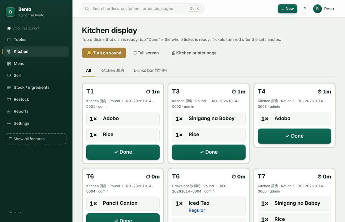 Kitchen display with order tickets per table, waiting time and Done buttons