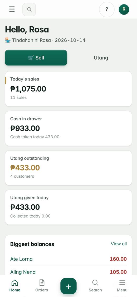 Store home on a phone: today's sales ₱1,075.00, cash in drawer and utang outstanding