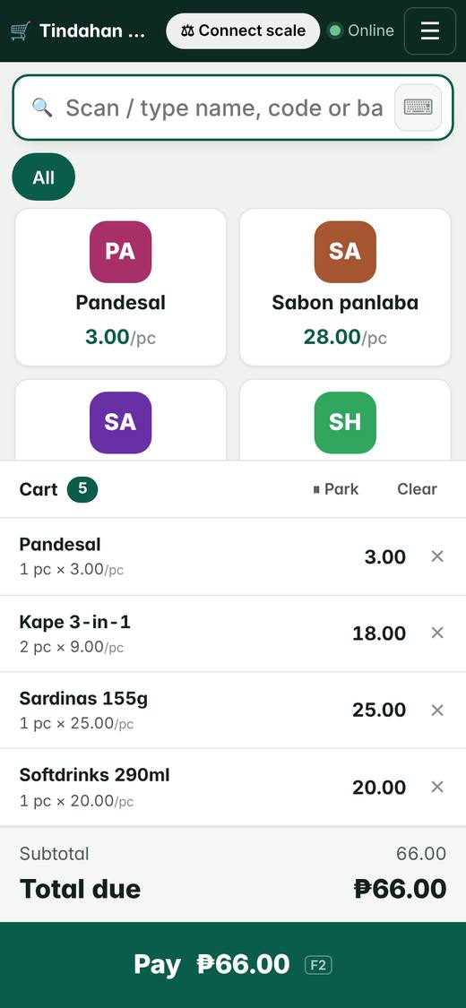 Selling screen on a phone: pandesal, coffee, sardines and softdrinks in the cart, total ₱66.00